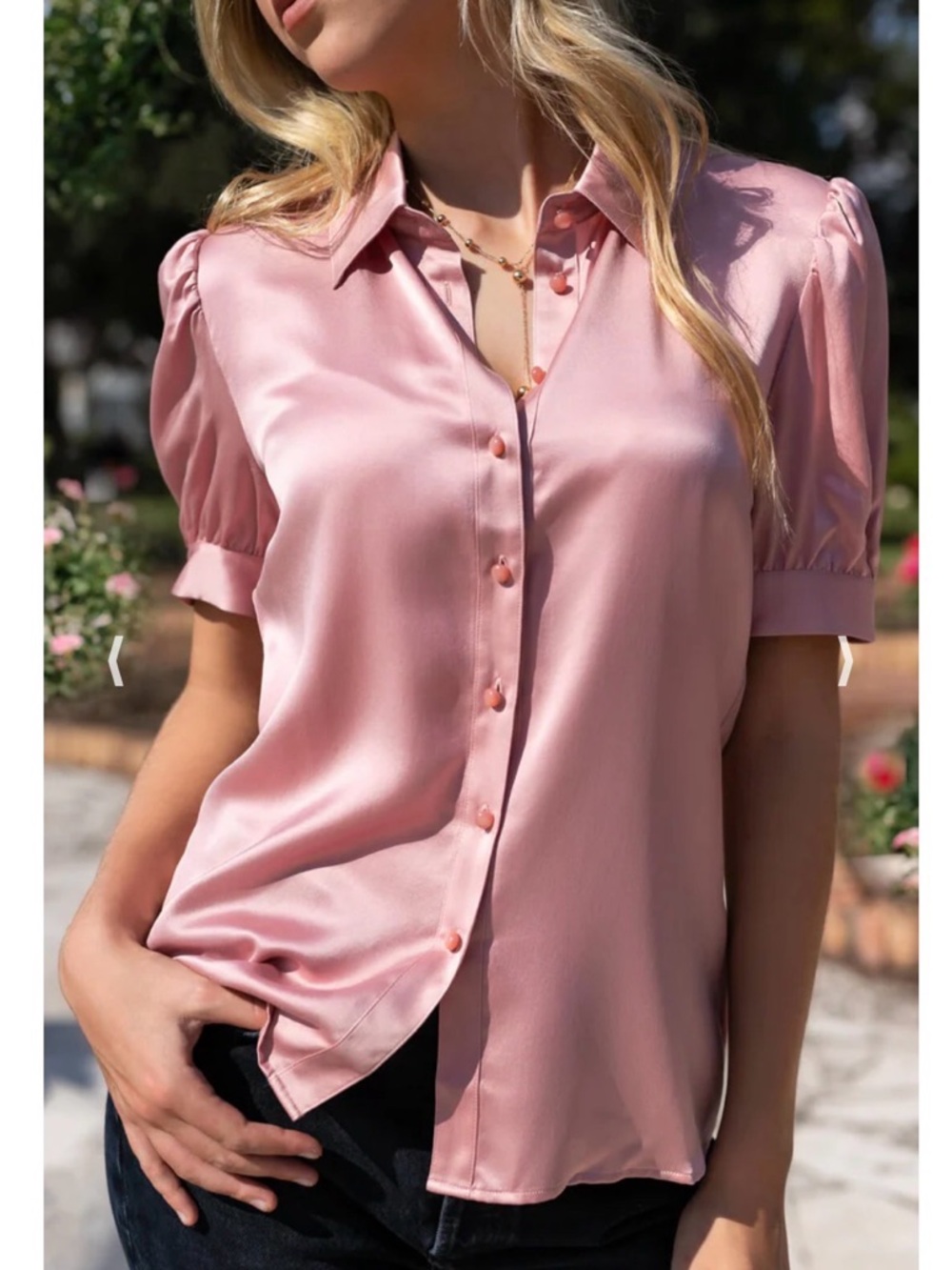 Ravella Blush Pink Satin Button-Up Puff Sleeve Blouse